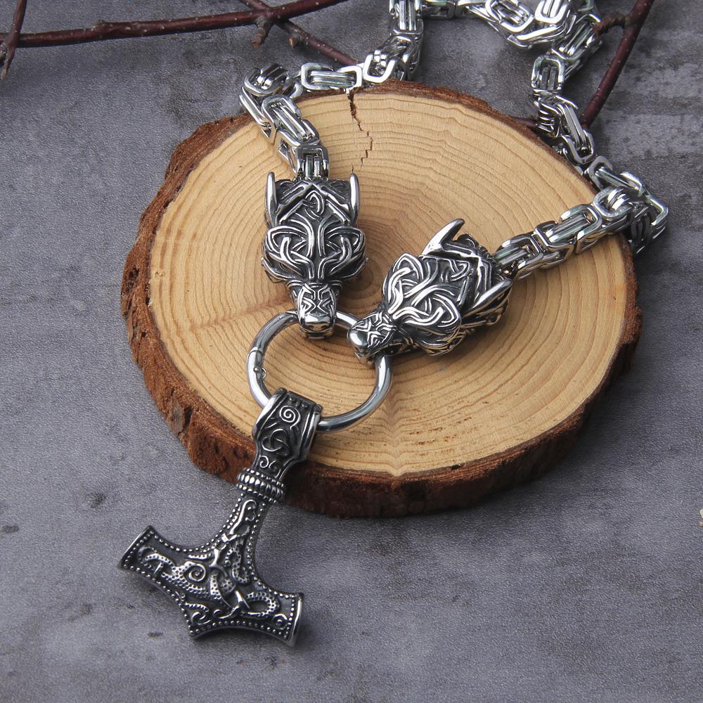 Stainless Steel Wolf Head Thor Hammer Mjolnir Viking Necklace Handmade Chain with Wooden Box Gift for Boyfriend