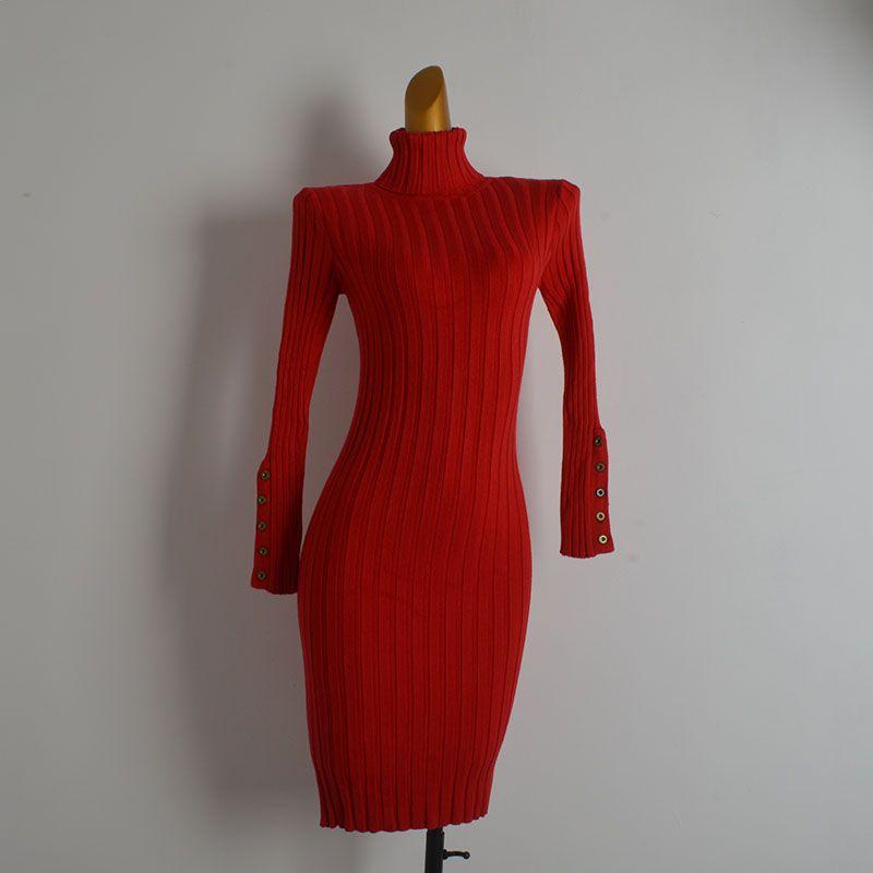 

Spring & Fall New Arrival Pure Color Turtleneck Long Sleeves Knitting Dress Women s Clothing Silm Slim Looking Mid Length Long Length Bodycon Dress Red One size