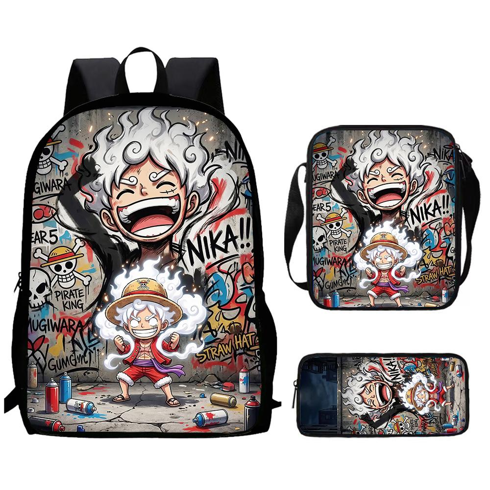 Cartoon One Piece 3pcs Lightweight Durable School Backpack with Crossbody Bag Pencil Case for Boys Girls Age 6-10 Primary School