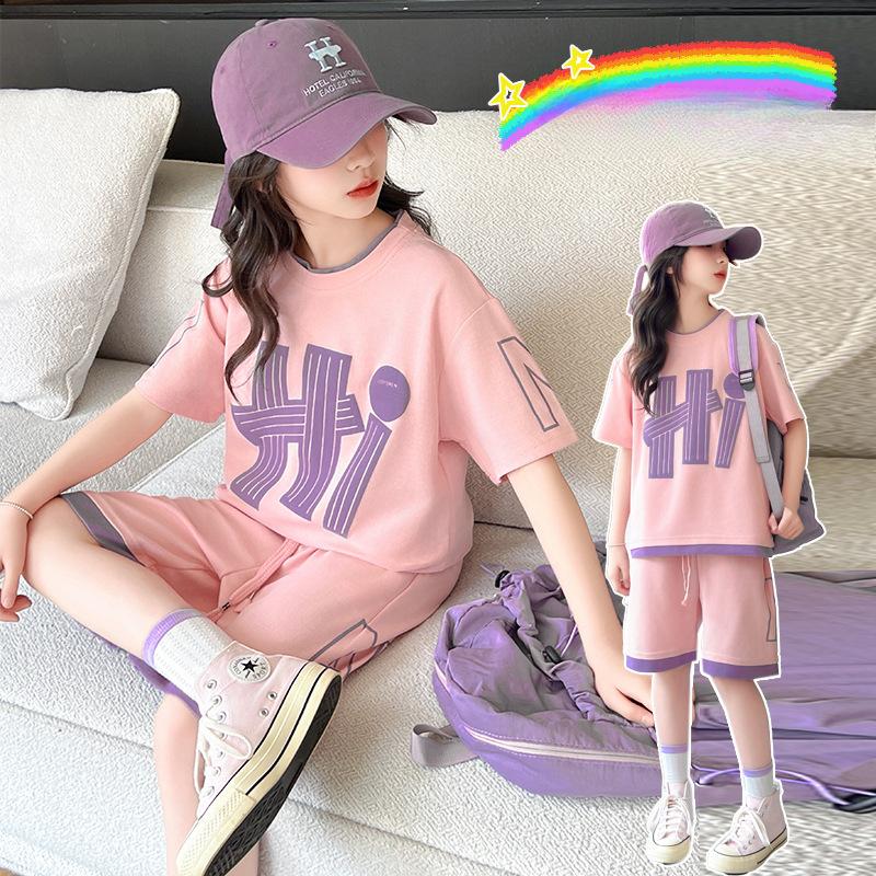 Girls T-Shirts Sets Summer   Kids Short Sleeve Tops+Shorts 2Pcs Children Clothes Teen Loose Casual Suits Letter Print Outfits