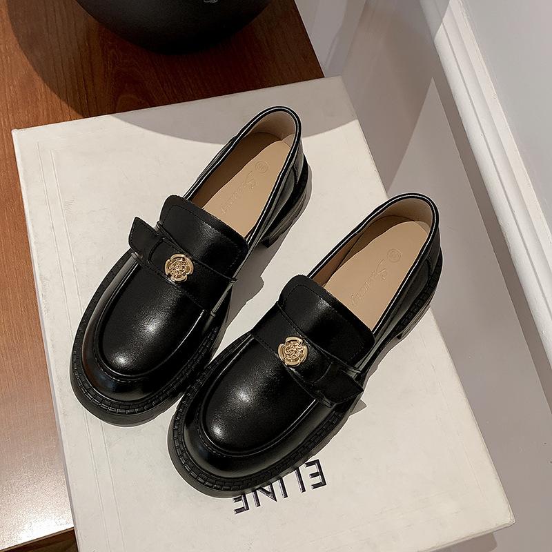 

French soft leather black camellia loafers spring and autumn 2024 new British style one-pedal platform single shoes women 40
