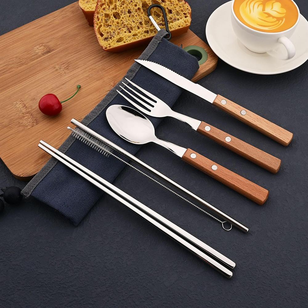 7Pcs/Set Tableware Reusable Travel Cutlery Set Camp Utensils Set 304 Stainless Steel Spoon Fork Chopsticks Straw Portable Case