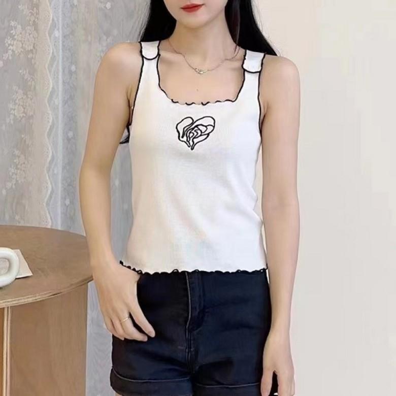 New Summer Design Simple Temperament Sweet Contrasting Color Embroidered Knitted Vest Suspender Top
