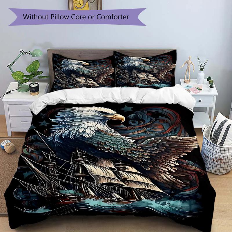 

3pcs Eagle Ship Sailing Ocean Waves Tattoo Art Print - Includes One Quilt Cover and Two Pillowcases (No Core) - Home Decor, Holiday Gift, Polyester Fa 135x200cm