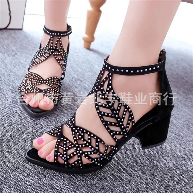 New hollow rhinestone fish mouth sandals thick heel high heel sandals direct supply