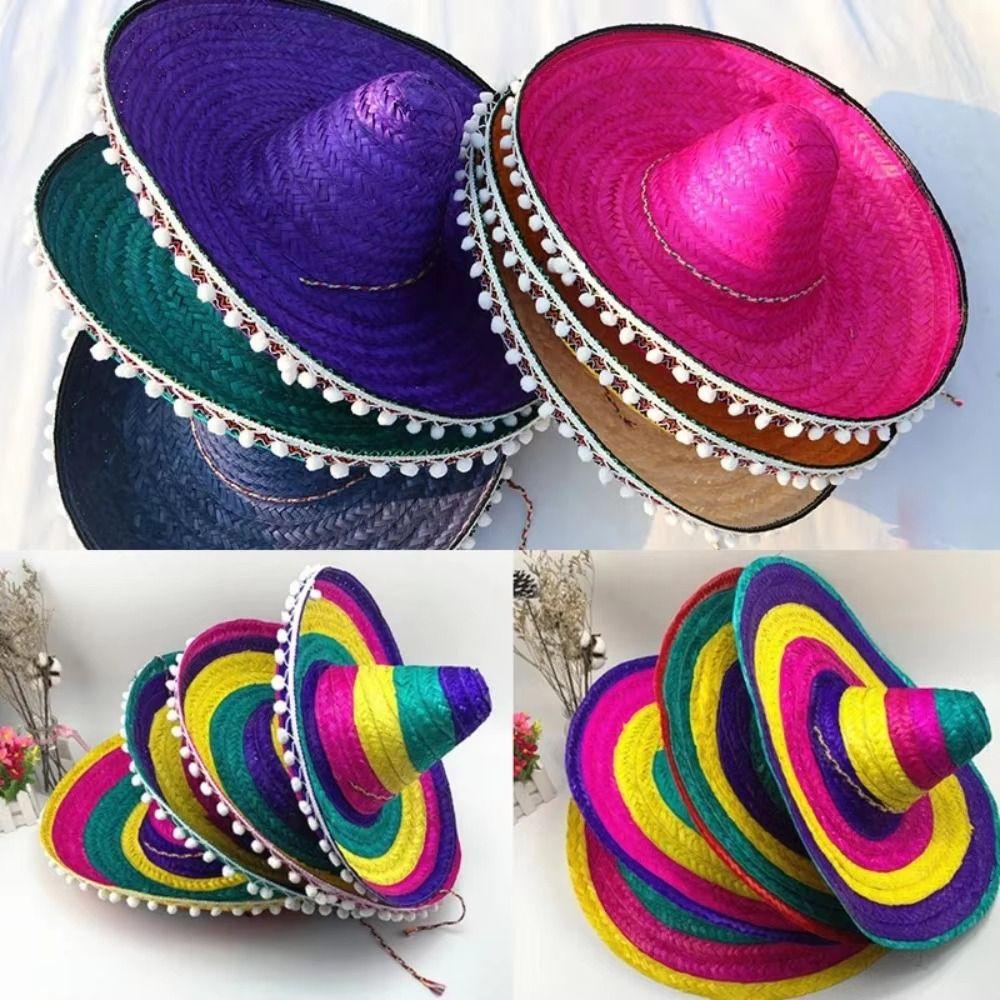 Wide Brim Mexican Party Hat Natural Straw Carnival Sombrero Outdoor Mexican Straw Hats  Men Women