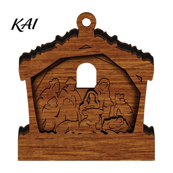 Natural Log Craft Gifts 3D Wooden Light Up Christmas Ornament, Layered House Tree Snowman Wood Engraving Decor Nativity Scene Hanging Decoration