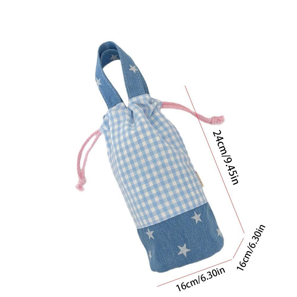 Water Bottle Holder Water Bottle Cover Grid Small Storage Bag Cute Drawstring Canvas Cup Bag  Girls