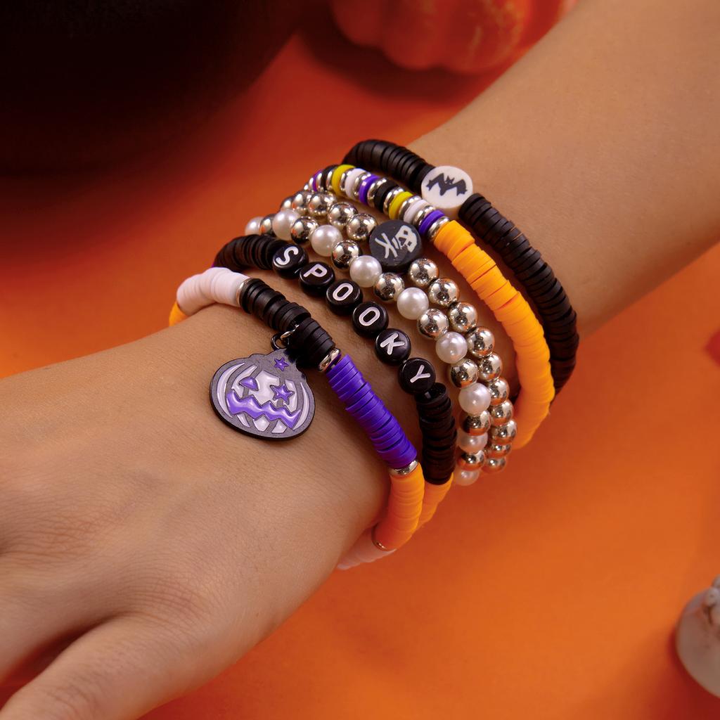 3Pcs Halloween Beaded Bracelet Set for Women Vintage Gothic Spider Ghost Pumpkin Skeleton Pendant Bangle Jewelry Gift