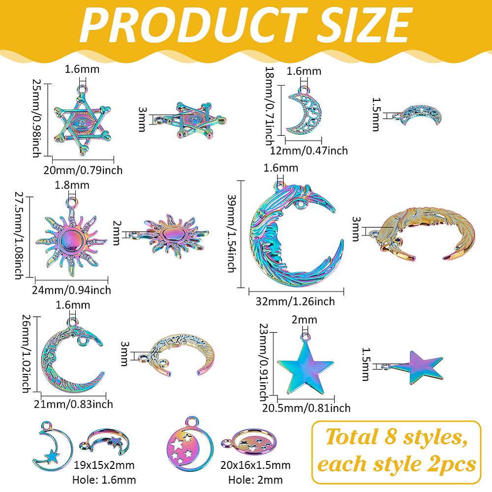 16Pcs 8 Style Alloy Pendants Star of David with Eye & Moon & Star Rainbow Color 18~36x12~25.5x1.5~3mm Hole: 1.6~2mm 2pcs/style
