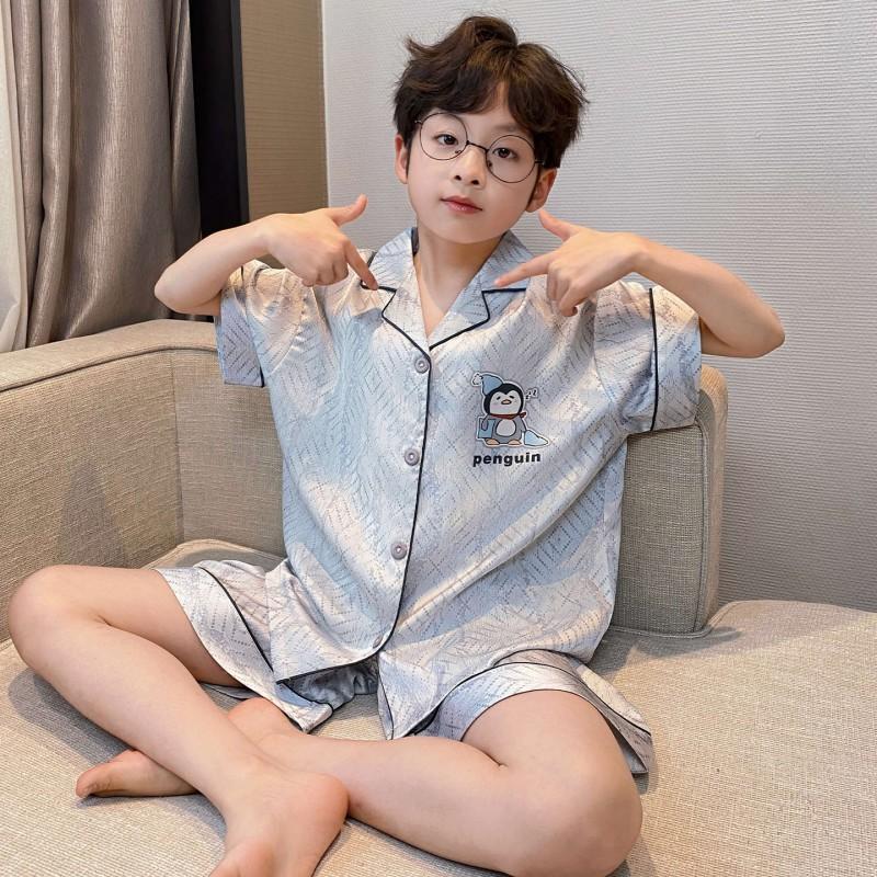Boys Ice Silk Pajama Set Short Sleeve Shorts Kimono Style Cartoon Print Lightweight Sleepwear Kids 8