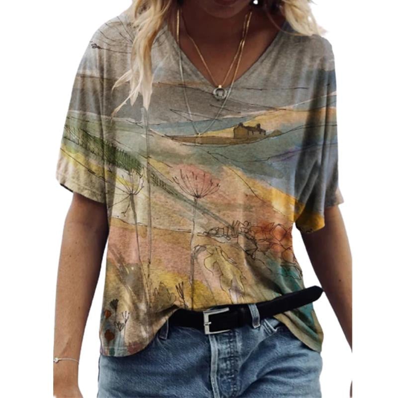 New Abstract Patterns T-Shirts Floral Flower 3D Print Women's V-Neck Short Sleeve T Shirt Y2K Tees Harajuku Tops Female Clothing