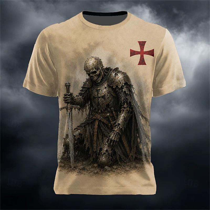 New Men's Halloween Crew-Neck Short-Sleeve T-Shirt Grim Reaper Scythe and Skeleton Print Crew-Neck Short-Sleeve Men's Top