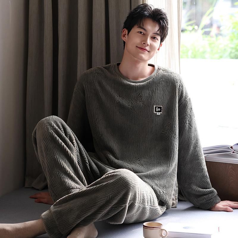 Pajamas Men's winter thickened fleece flannel can be worn outside pullover large size loungewear coral fleece autumn and winter suit
