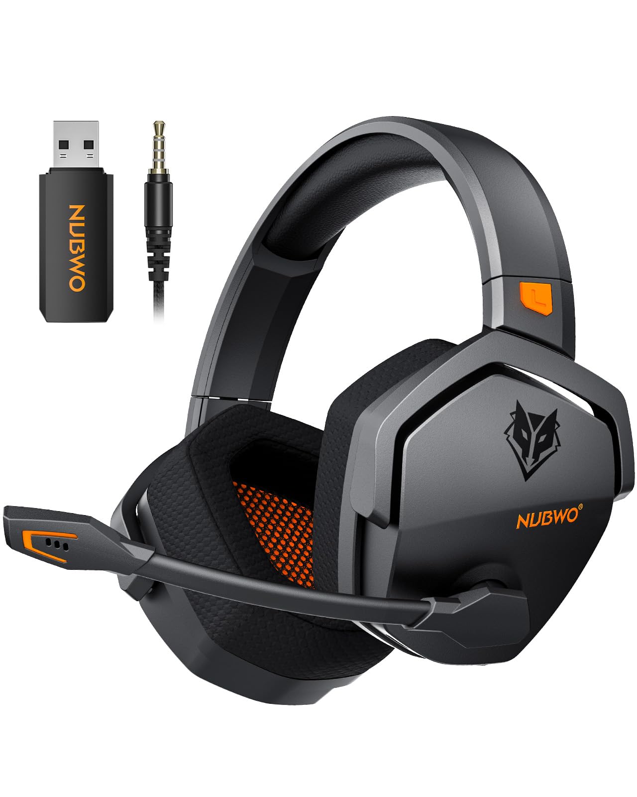 

NUBWO Gaming Headset for Connection with Latency 100 Hours Battery Mute Compatible with Dedicated FPS Gaming PS5 3-Way (2.4G USB/Bluetooth 5.3/3.5mm помаранчевий