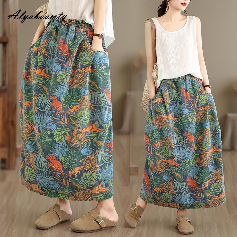Plus Size Korean Style Spring Summer Women Denim Skirt Elastic Waist Plant Animal Print Skirt Vintage Split Ladies' Skirt