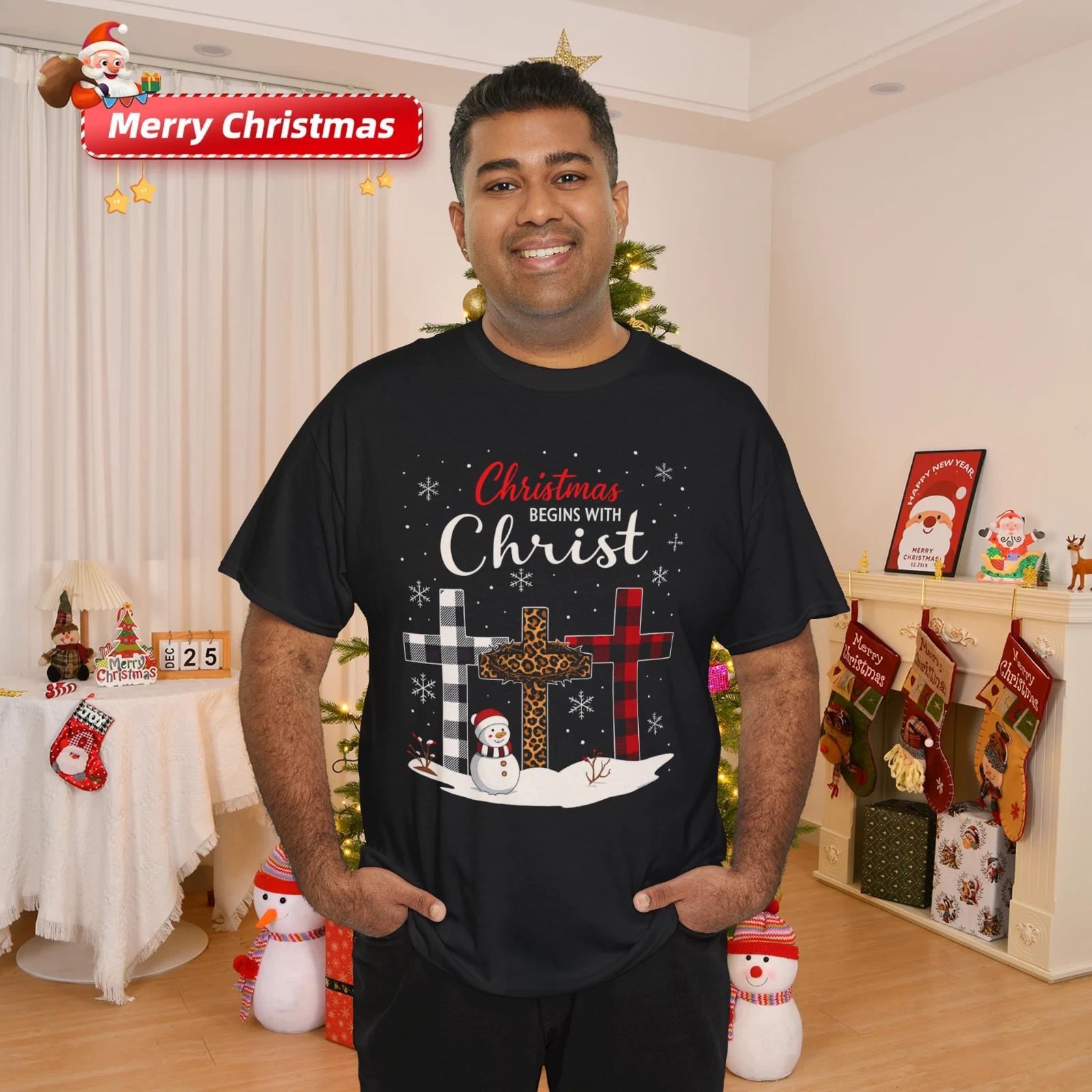Christmas Begins With Christ Plaid Leopard Cross Snowman Christian T-Shirt 2XL