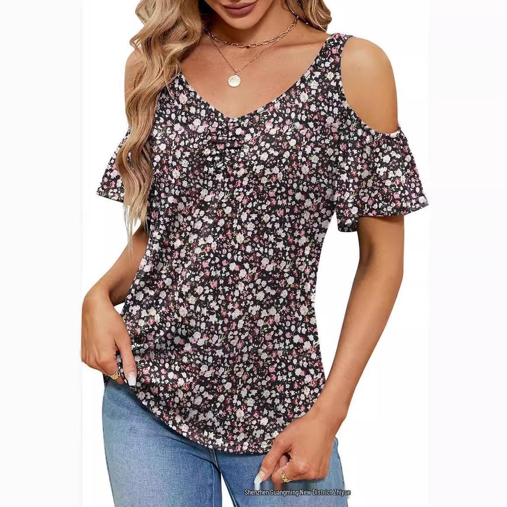 2025 Summer Off-the-Shoulder V-Neck Print Top for Women