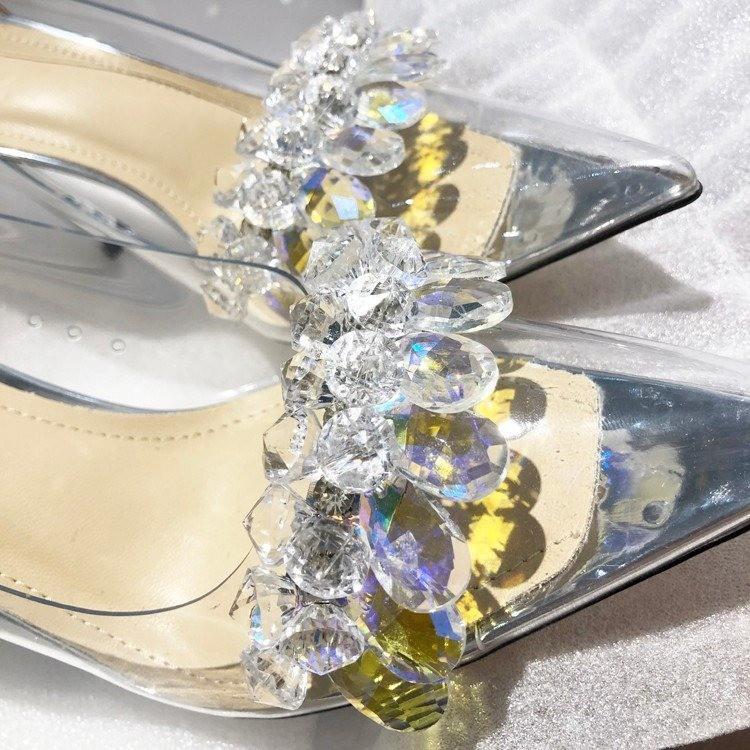2025 Spring and Autumn New Korean Version Fashion Transparent High Heels Women's Thin Heels Pointed Rhinestone Champagne Single Shoes Women