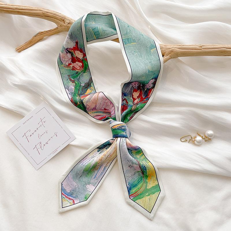 2024 new women s retro oil painting silk scarf streamer new headband decorative scarf long versatile twill small silk scarf 130*7cm