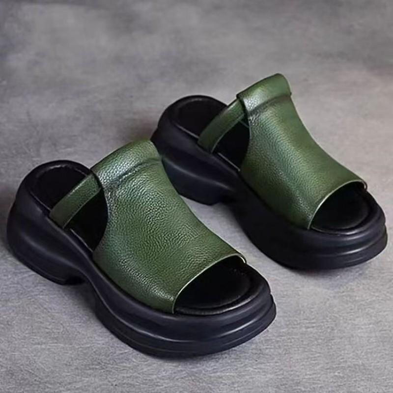 thick-soled fish mouth sandals women's summer new muffin retro soft-soled outdoor height-increasing leather cool slippers women