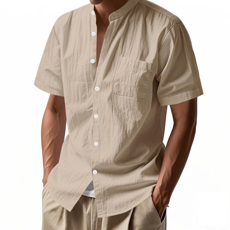 Men s Summer Loose Linen Henley Shirt - Solid Color, Short Sleeve Beachwear S