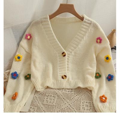 Süßer eleganter kurzer Strickpullover mit Knöpfen für Damen 3D-Blumen V-Ausschnitt Langarm Damen-Cardigan-Pullover Herbst Dünne Vintage-Strickjacke 24946