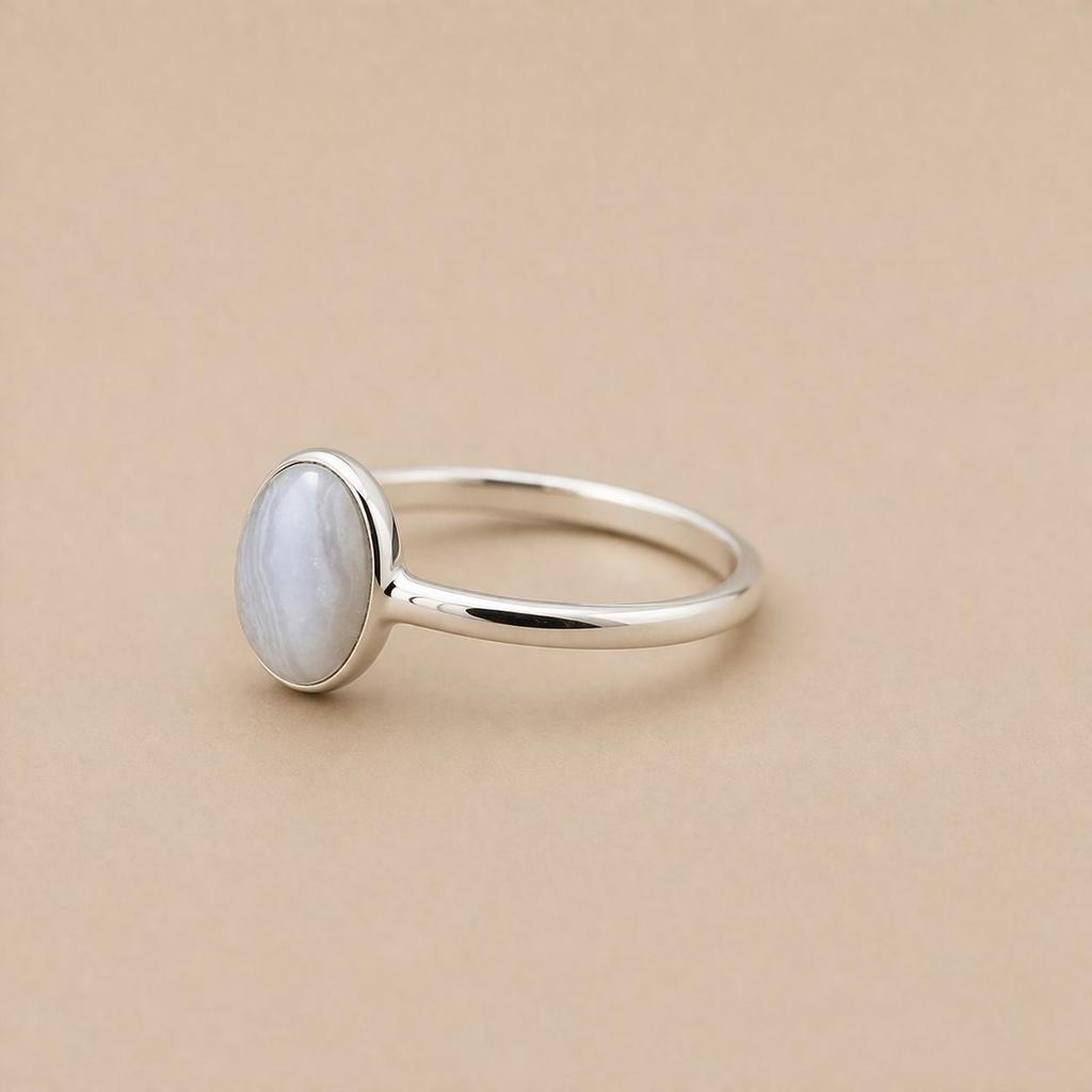 Blue Lace Agate Oval Ring, 925 Sterling Silver Bezel Ring, Statement Gemstone Jewelry