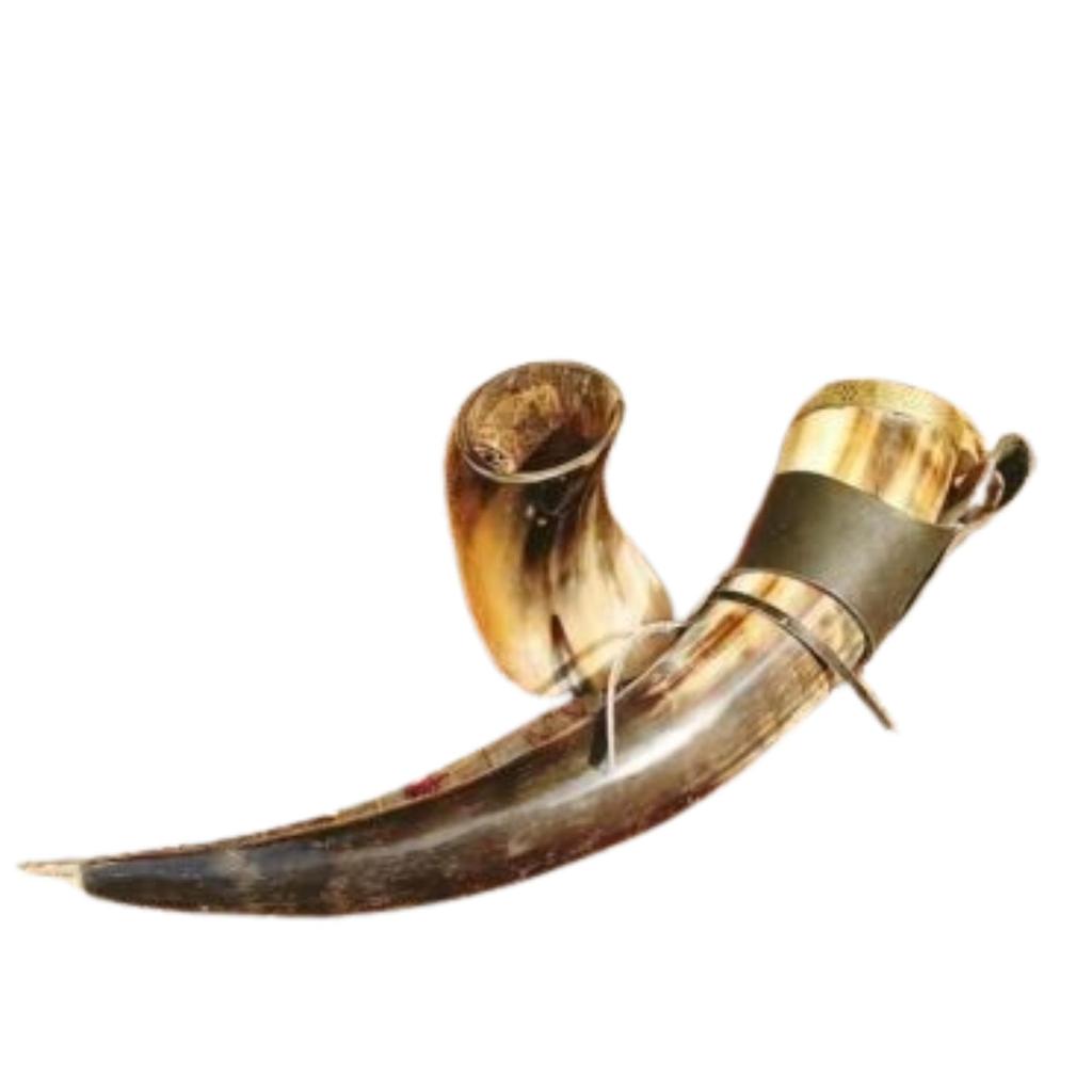 2-teiliges Trinkhorn mit Lederholster, Messingkugelspitze und Ständer, Weihnachtsgeschenk