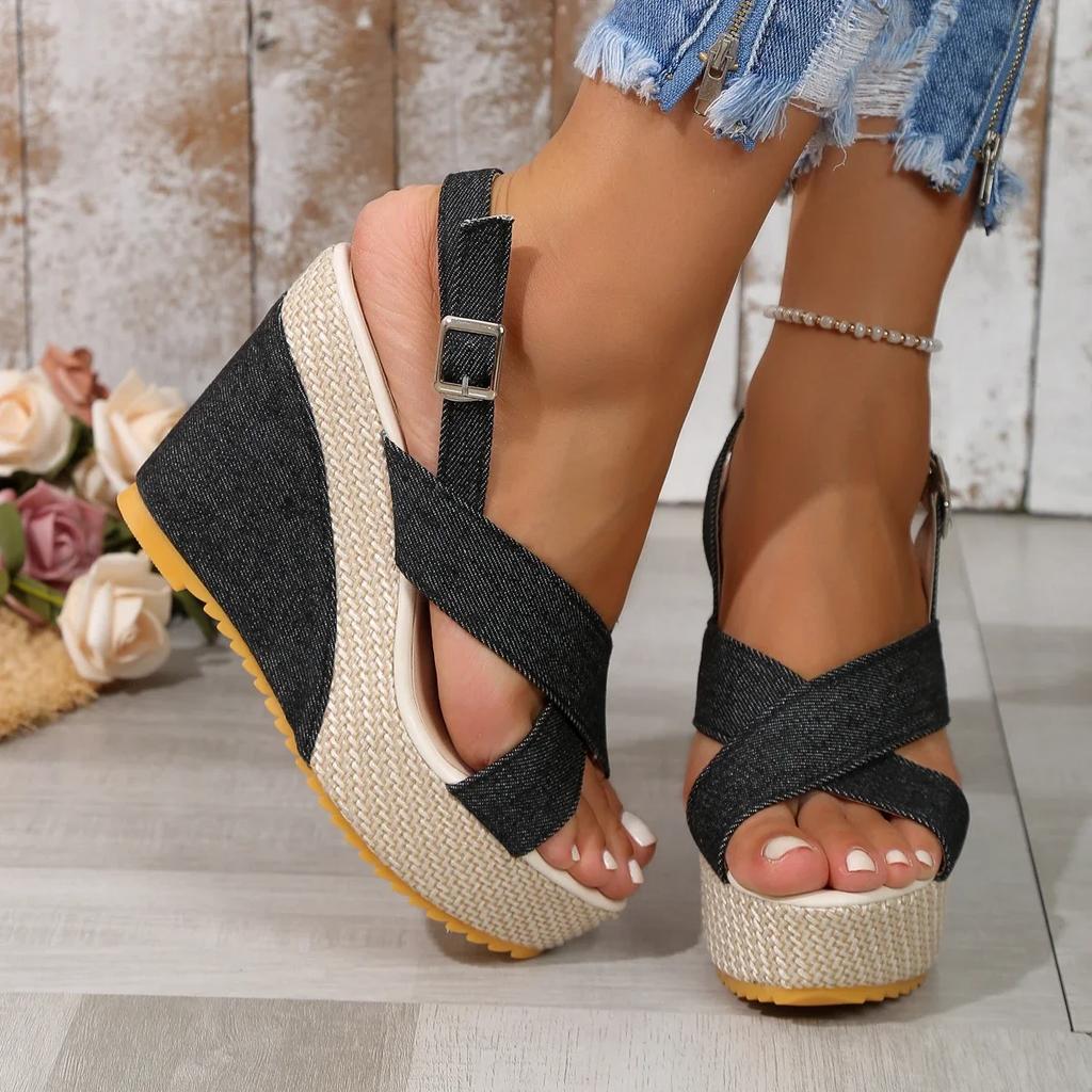 Sexy Peep Toe Platform Wedge Sandals Denim Broadband Ankle Buckle Strap High Heels Shoes Sandales Sandalias