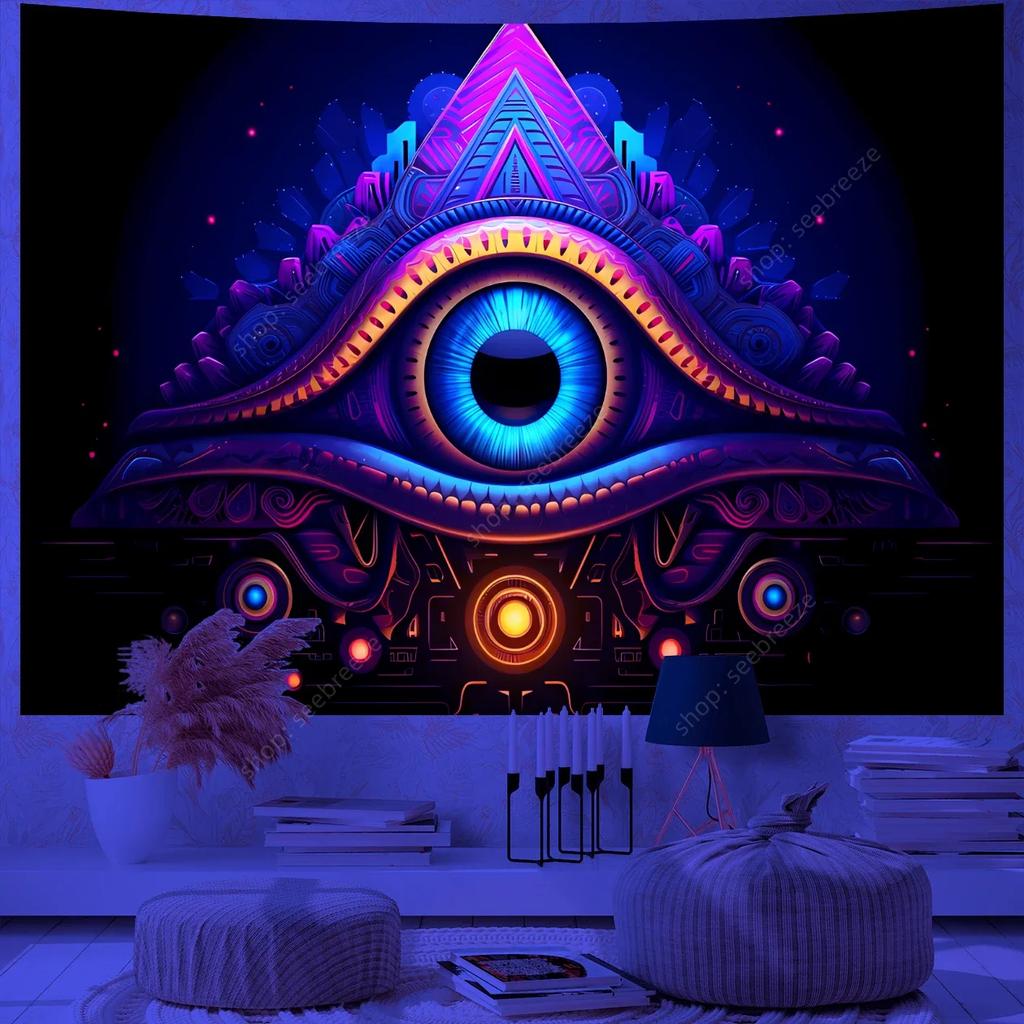 Psychedelic Eye of God UV Reactive Tapestry for Witchcraft Hippie Wall Hanging Bohemian Mandala Art Aesthetic Room Wall Decor