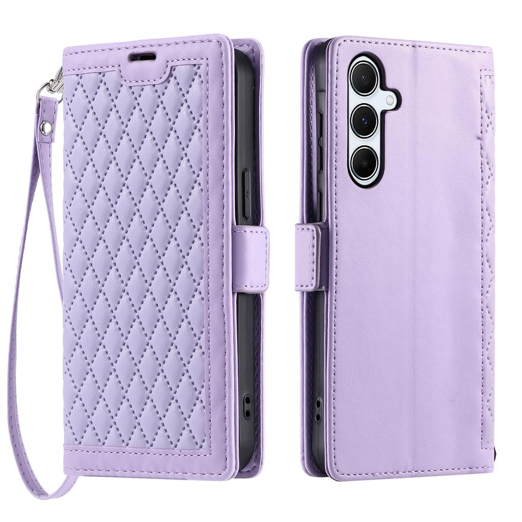 For Samsung Galaxy A17 Leather Case Rhombus Texture Wallet Stand Phone Cover with Wrist Strap