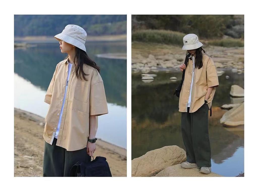 Japanese Style Solid Color Short Sleeve Shirt for Men and Women - Trendy, Loose, Casual Korean and Hong Kong Inspired Top (2025).