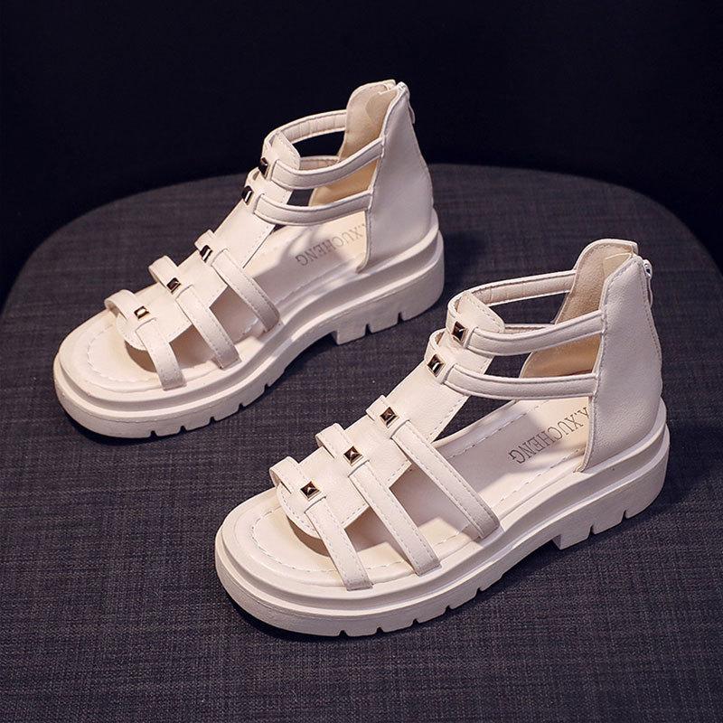 Women's shoes 2025 summer new Roman sandals women's flat thick heel fairy wind hollow platform college wind open-toed shoes