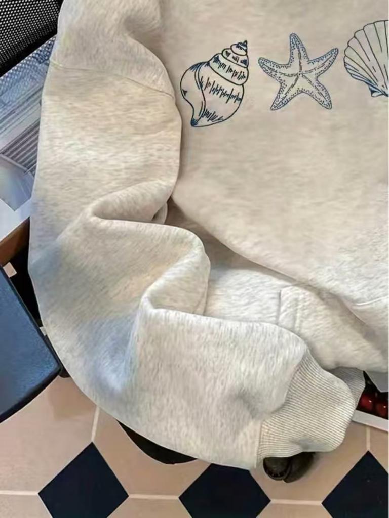 Ocean Treasure Seashell and Starfish Shell Pattern Print Women's Pullover Hoodie Sweatshirt with Shoulder Design Kangaroo Pocket