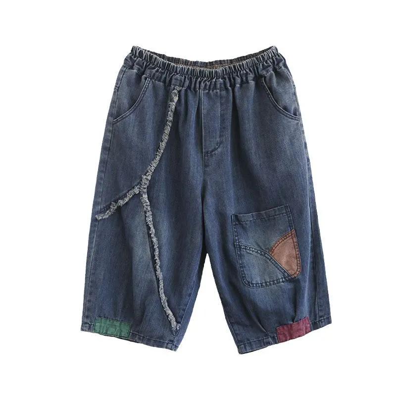 Damen Sommer Kunst Retro Mittellange Hosen Spleißflicken Stoff Sechs-Punkt Jeans Damen Elastischer Bund Lässige Kurze Jeanshosen