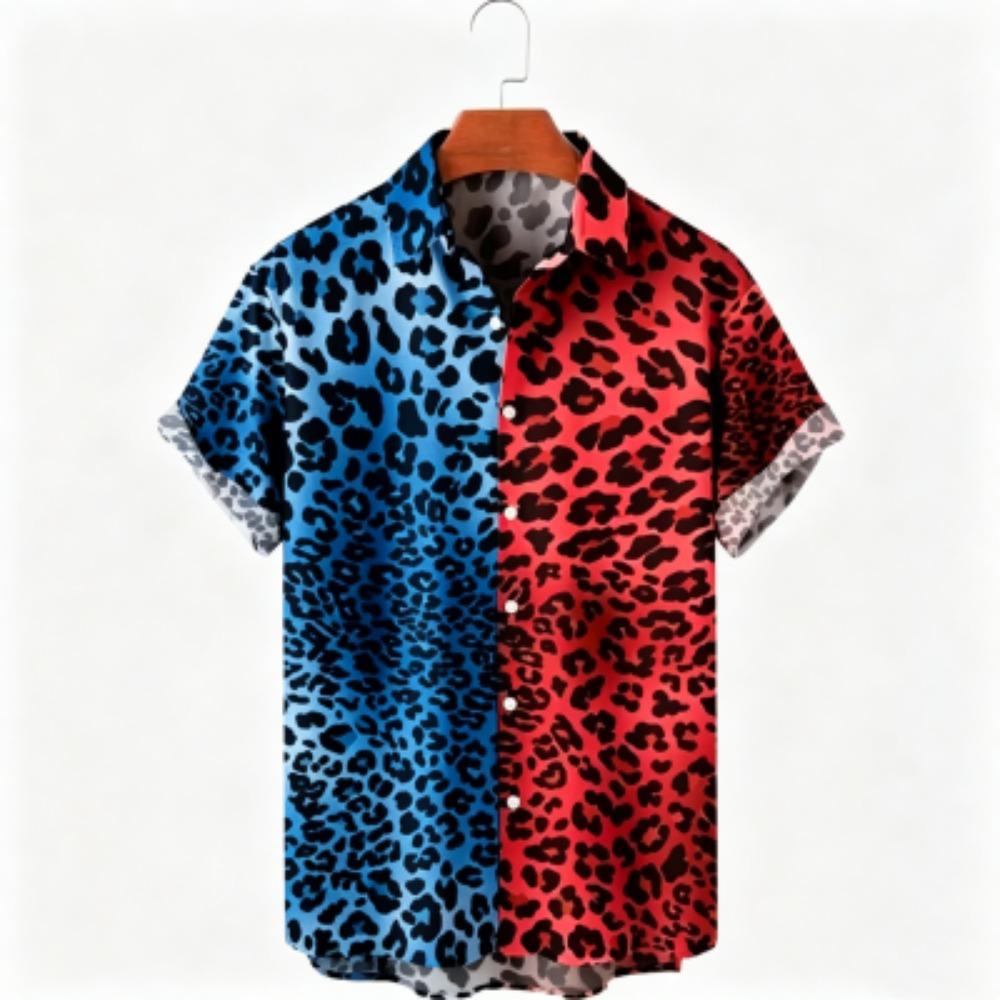 

Summer Color Blocking Leopard Printing Shirt Hawaiian Vacation Clothing Male Fashion Beach Style Shirt Daily Men s and Women s Shirt S