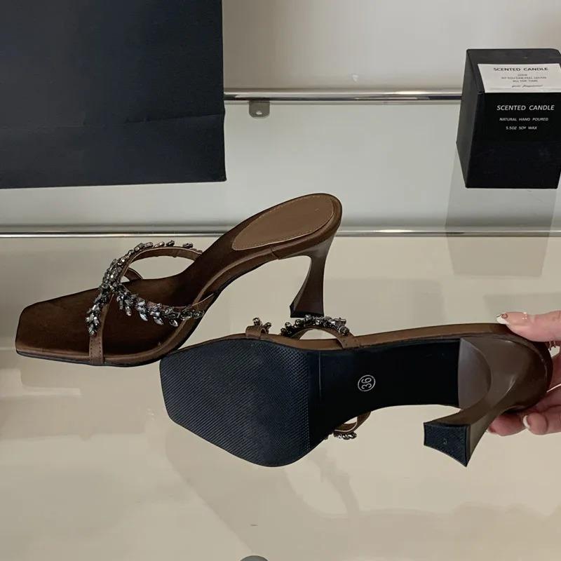 Eilyken Street Style CRYSTAL Narrow Band Slippers Woman Open Toe Thin High Heels Sandals Stripper Party Slides Shoes