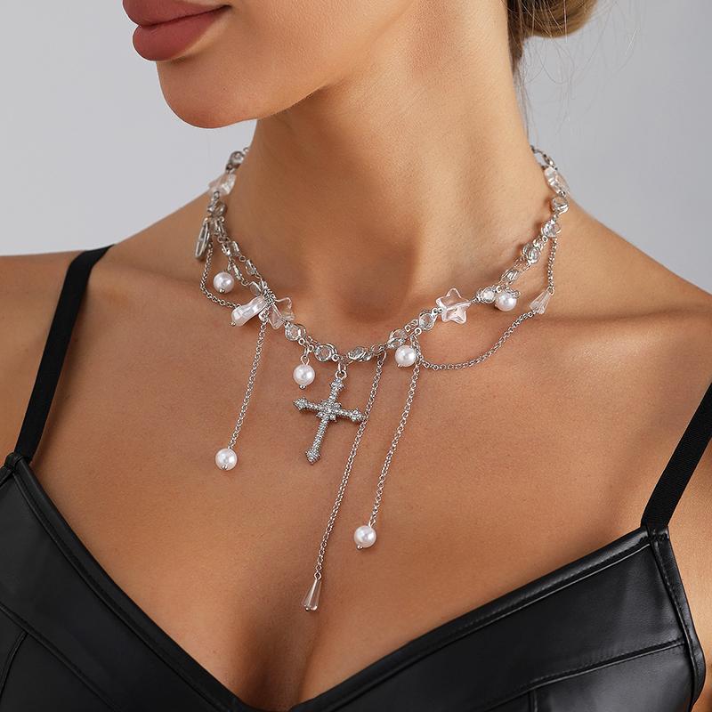 Fashion Shiny Crystal Pearl Cross Choker Necklaces for Women Creative Temperament Unique Charm Necklace Party Wedding Jewelry