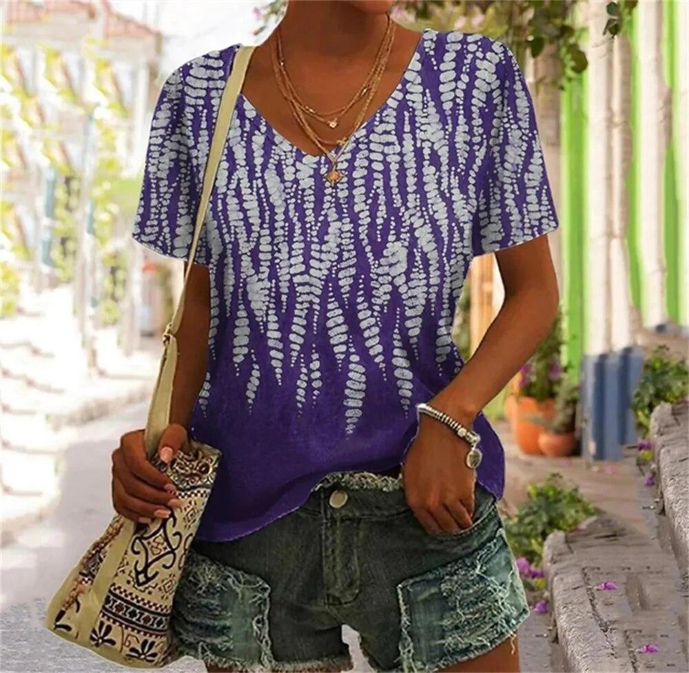 T-shirt con Volto Astratto Tasca Finta Stampa 3D T-shirt da Donna Scollo a V Manica Corta T-shirt Casual Y2K Top Harajuku Abbigliamento Femminile