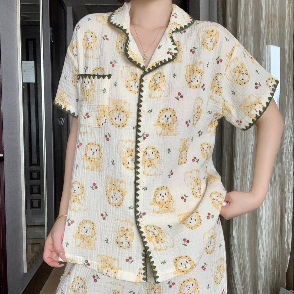 Lace full print bunny pajamas women's summer short-sleeved shorts cardigan two-piece set student dormitory loungewear