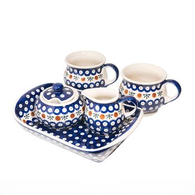 Cerámica Bolesławiec (corriente alterna) juego de café y té, patrón k2, con barriles