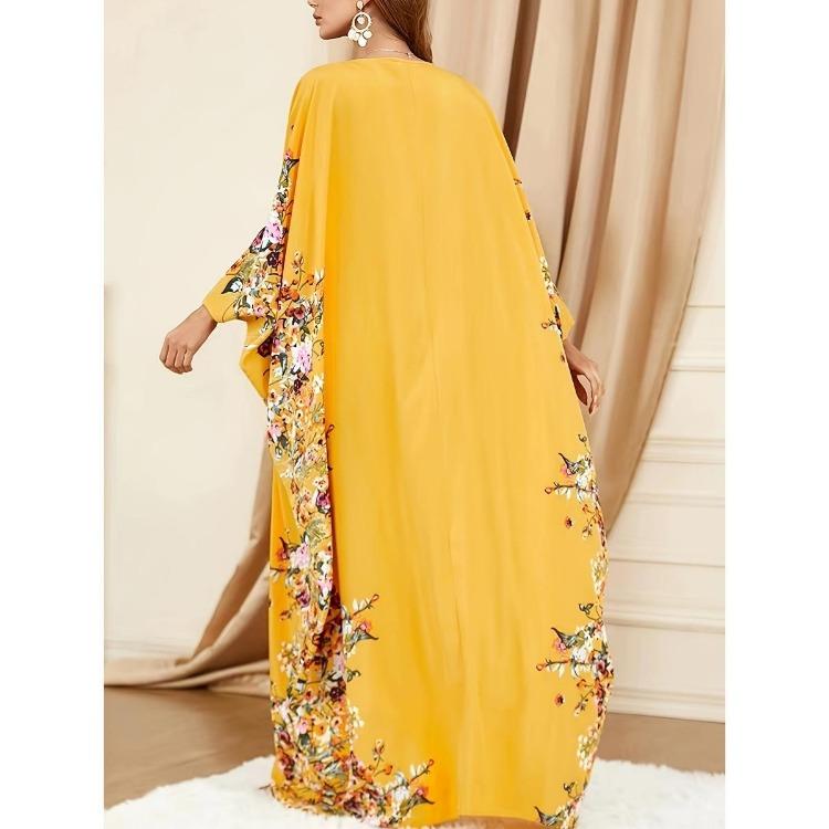 Ramadan Elegant Floral Print Maxi Dress Batwing Sleeve Split Women Kaftan Clothing