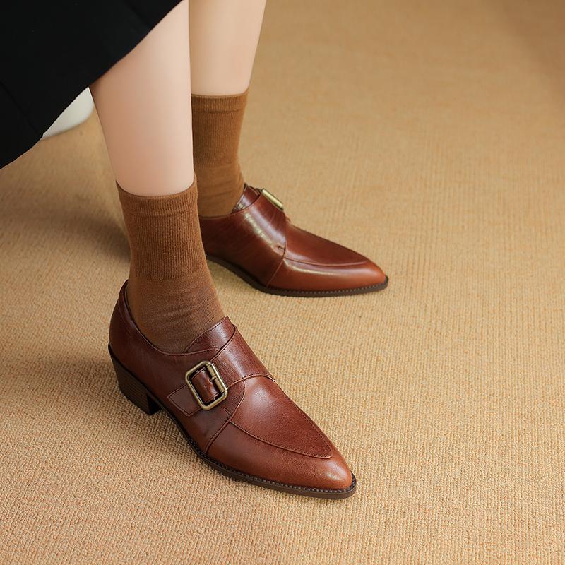 2024 New Fashion Dress Office Women Pumps Spring Summer Mature Retro Genuine Leather Fashion Pointed Toe Thick Heels Shoes Woman