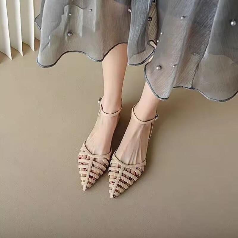 Premium Fashion Women Sandals 2025 Summer French Retro Thick Heels Pointed Elegant Woman Shoes with Low Heels Luxury Sandals