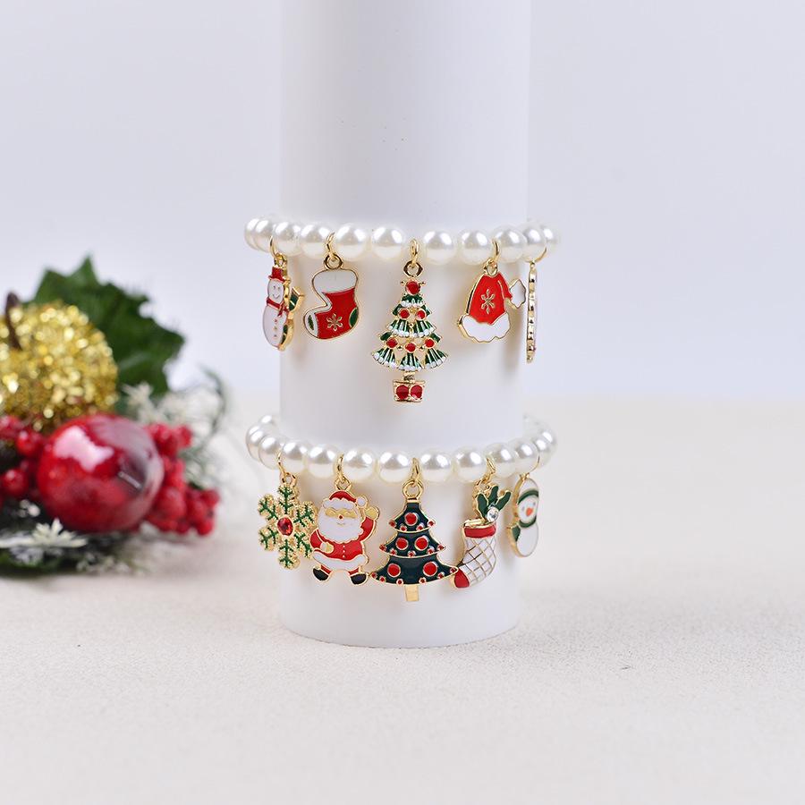 Cross-Border Cartoon Christmas Faux Pearl Reindeer and Snowman Elastic Beaded Bracelet with Bow Gift