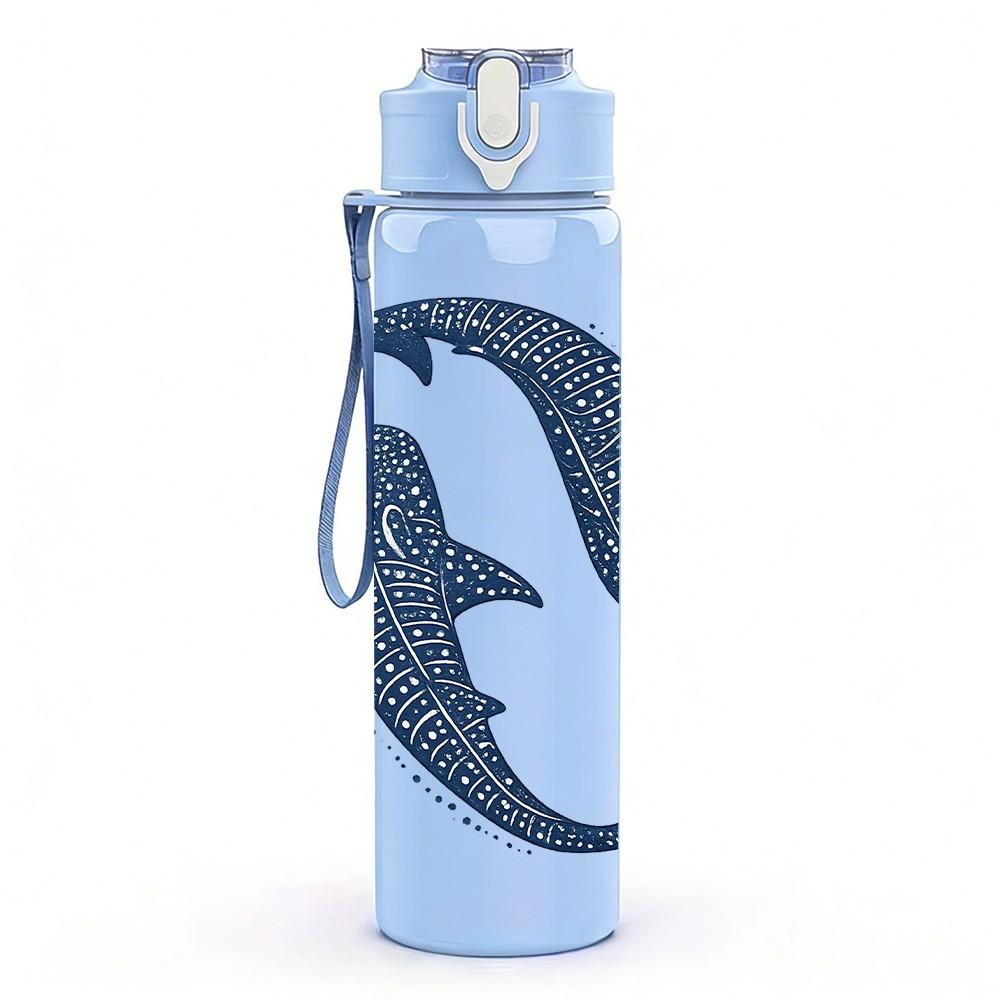 1PC Two Shark Ocean Animal Print 750ml Color Plastic Sports Water Bottle Leakproof Flip Straw Lid Suitable for Sports Office Home Use