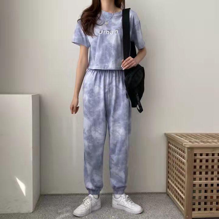 

Женский летний комплект из футболки и леггинсов в корейском стиле с принтом тай-дай 3XL небесно-голубой