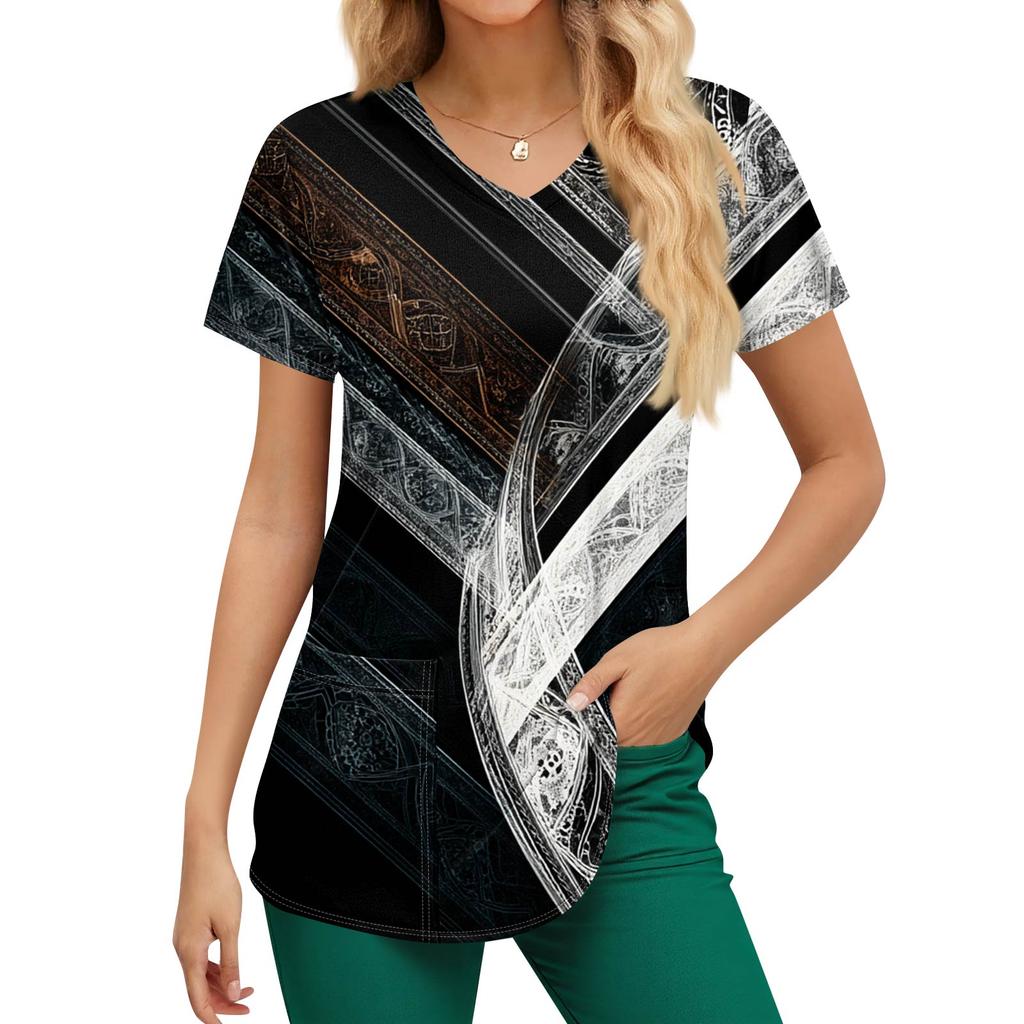 Pracovní uniforma s potiskem nadměrných velikostí pro ženy Potisk s výstřihem do V Krátký rukáv Zábavná trička Pracovní oblečení Tričko s kapsami