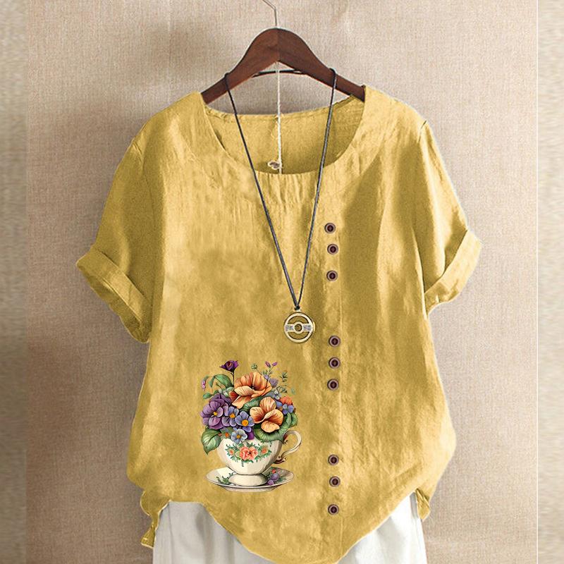 Women's Fashion Flower Prined Short Sleeve T-shirt Loose Cotton Shirt Casual Loose Summer Blouse Tops Plus Size